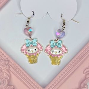 My Melody Ice Cream Earrings with Faceted Crystal Glass Hearts